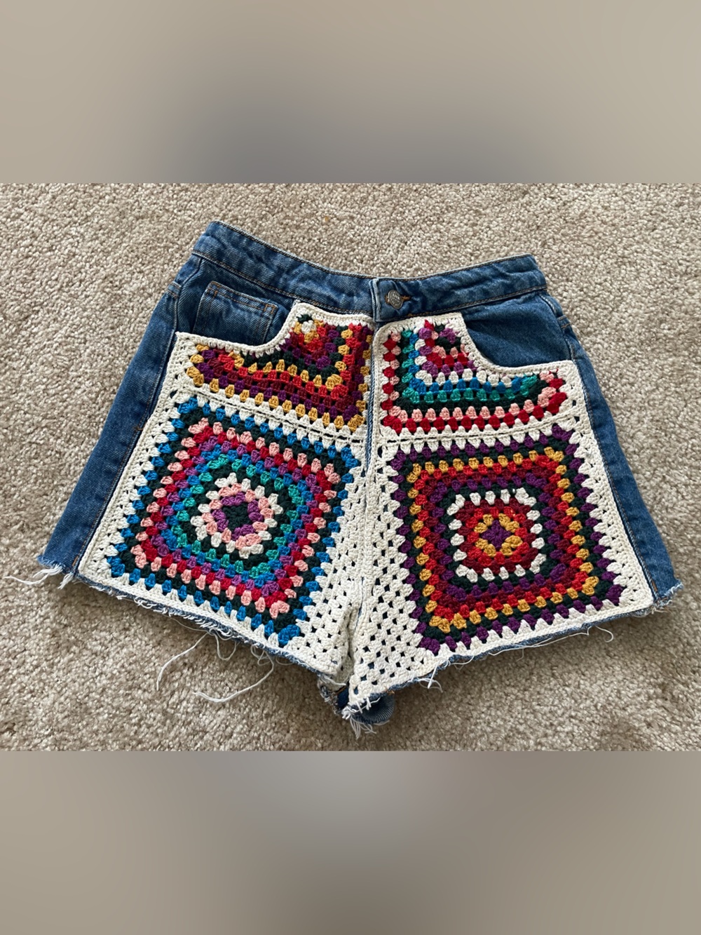 Farm Rio Ultra High Rise Multi Color Crochet Denim Shorts Womens Size Extra Smal